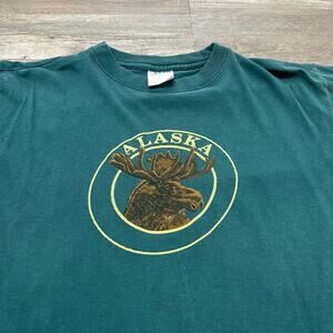 Vintage Sherry Alaska Moose Head Teal Brown Mens L Destination Graphic Retro Tee